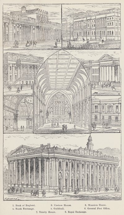 Bank of England, Custom House, Mansion House, Stock Exchange, Guildhall, General Post Office, Trinity House, Royal Exchange (gravura) de English School