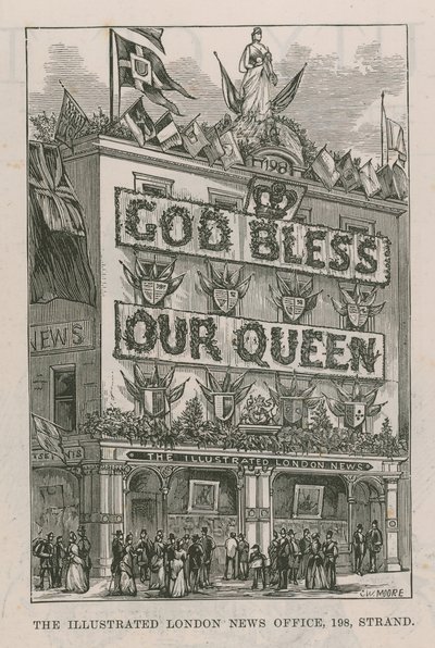 Banner adornando os escritórios de notícias ilustrados de Londres de English School
