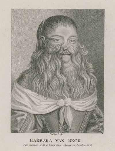 Barbara Van Beck, a mulher de rosto peludo, exibida em Londres, em 1668 de English School