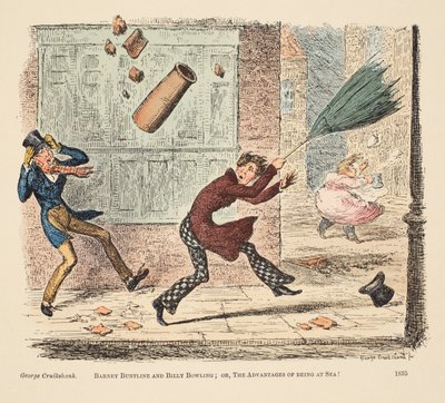 Barney Buntline e Billy Bowling; ou, As Vantagens de Estar no Mar, pub. 1835 (gravura colorida à mão) de English School