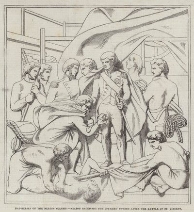 Bas-Relief da Coluna Nelson, Nelson recebendo as Espadas dos Oficiais após a Batalha de São Vicente (gravura) de English School