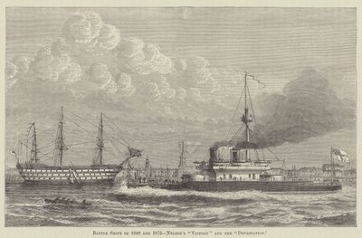 Navios de guerra de 1800 e 1875, o "Victory" e o "Devastation" de Nelson (gravura) de English School