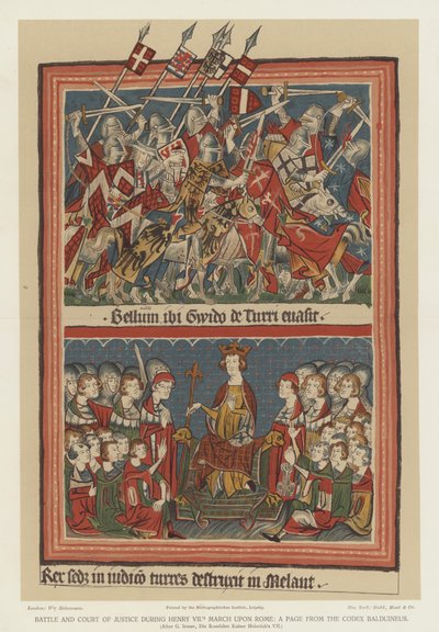 Batalha e tribunal de justiça durante a marcha de Henrique VII sobre Roma (litografia a cores) de English School