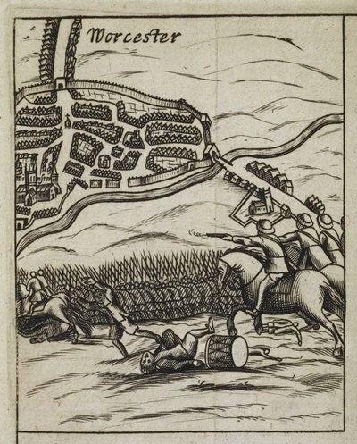Cena da Batalha de Worcester, de "A História da Sua Majestade mais Maravilhosa Preservação, depois da Batalha de Worcester". de English School