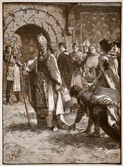 Becket antes de seus inimigos no Conselho Municipal de Northampton, ilustração de Cassells Illustrated History of England (foto de sepia) de English School