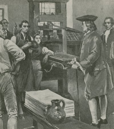 Benjamin Franklin chamando seus antigos trabalhos de impressão de mestrado em Londres de English School