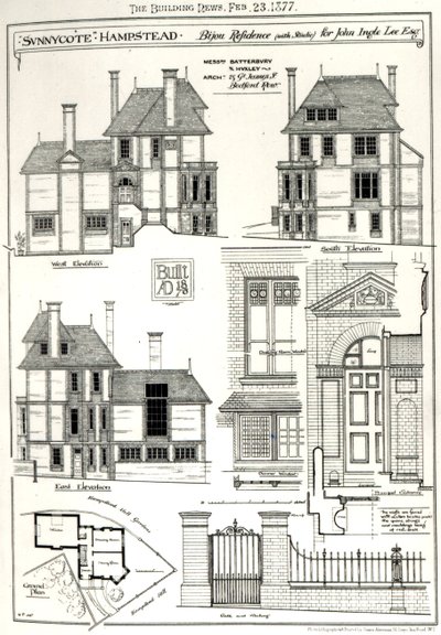 Bijou Residence Sunnycote, Hampstead, (com estúdio) para John Ingle Lee Esq, de The Building News, 23 de fevereiro de 1877 News, 23 de fevereiro de 1877 de English School