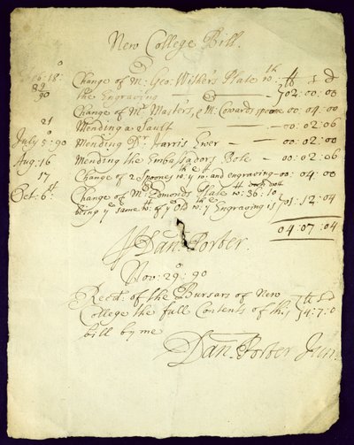 Bill de Daniel Porter para o New College, 1690 de English School