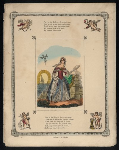 Pássaro entregando uma carta de amor a uma mulher, poema de amor (gravura colorida) de English School