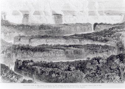 Visão panorâmica das Grandes Cataratas do Zambeze (Cataratas Vitória) da Narrativa de uma Exposição ao Zambeze e seus afluentes, publicada em 1865 de English School