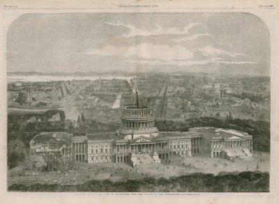 Birdseye vista da cidade de Washington, com o Capitólio em primeiro plano de English School