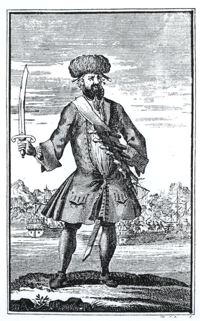 Barba Negra, o Pirata, de Uma História Geral dos Roubos e Assassinatos dos Piratas mais notórios do Capitão Charles Johnson, publicado em 1724 de English School