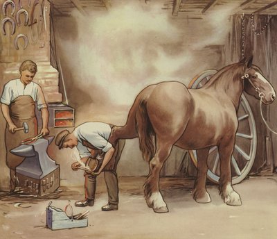 Ferreiro a ferrar um cavalo (cor litho) de English School