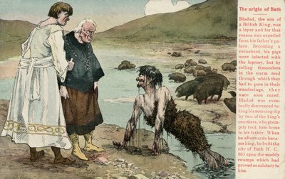 Bladud, um lendário rei dos britânicos que teria fundado a cidade de Bath (cor litho) de English School