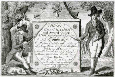 Blake, Gunmaker e Sword Cutler, etiqueta da caixa da arma (gravura) de English School