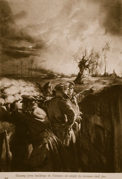 Edifícios agrícolas em chamas na Flandres, iluminados pelo fogo-das-bombas, 1914-19 de English School