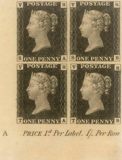 Bloco de selos Penny Black, c.1840 (selos postais) de English School