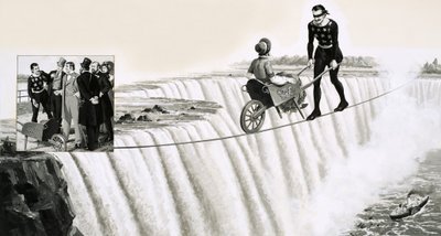 Blondin (Francois Gravelet) empurra um carrinho de mão pela corda bamba sobre as Cataratas do Niágara de English School