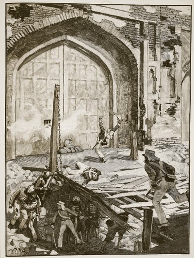 Explodindo o portão de Cashmere em Nova Deli, ilustração da história ilustrada de Cassells da Inglaterra (foto sépia) de English School
