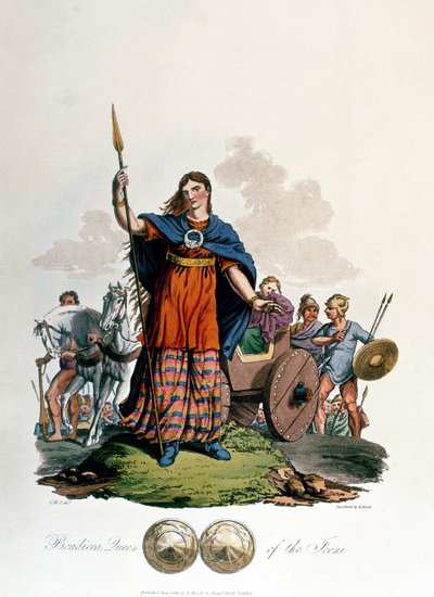 Boadicea, Rainha do Iceni, desenhado por CHS, gravado por Richard Havell, o Velho, publicado em 1815 (aquatint) de English School