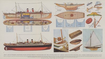 Barco, conjuntos de desenhos de trabalho com fotografias a cores naturais para a construção de um modelo de barco a vapor de travessia do canal e de um modelo de iate de regata com asas (litografia a cores) de English School
