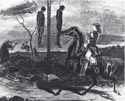 Cadáveres de bandidos de estrada executados pendurados em gibbets à beira da estrada como aviso para outros criminosos (litho) de English School