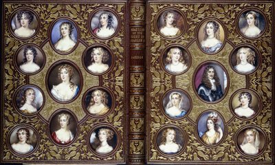 Capa do livro com vinte e duas miniaturas de retratos de Carlos II e as belas mulheres de sua corte, 1833 de English School