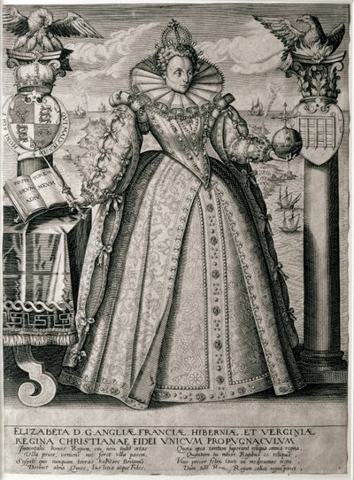 O frontispício de livros celebrando a Rainha Elizabeth é um reinado feliz e próspero, 1596 de English School