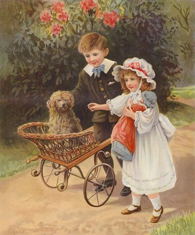 Rapaz e rapariga empurrando o seu cão de estimação num carrinho (cromolitografia) de English School