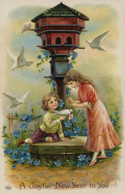 Rapaz e rapariga enviando saudações de Natal por pomba (cromolitho) de English School