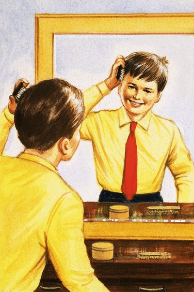 Menino, escovar, seu, cabelo, em, um, espelho, suportado, com, um, camada magra, de, prata de English School
