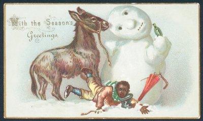 Menino que cai do asno na neve, cartão de Natal de English School