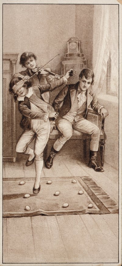 Rapaz jogando um jogo onde ele tem que tentar evitar pisar em ovos enquanto está vendado (litho) de English School