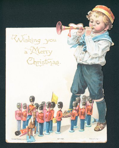 Menino brincando com soldados de brinquedo e soprando trompete, cartão de Natal de English School