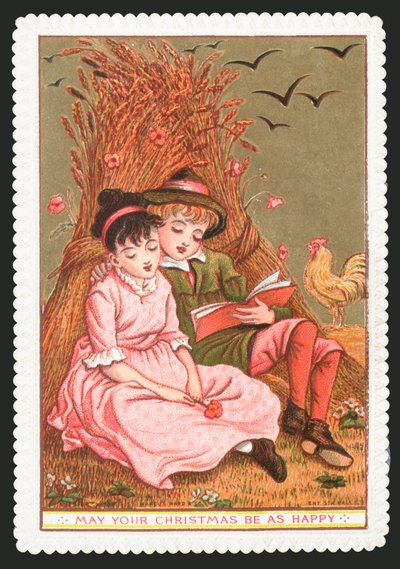 Menino, leitura, livro, para, menina, em, campo, cartão natal de English School