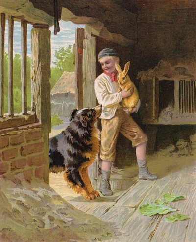 Rapaz com um cão e um coelho numa quinta (chromolitho) de English School