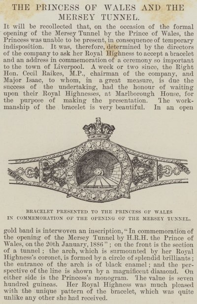 Pulseira apresentada à Princesa de Gales em Comemoração da Abertura do Túnel Mersey (gravura) de English School