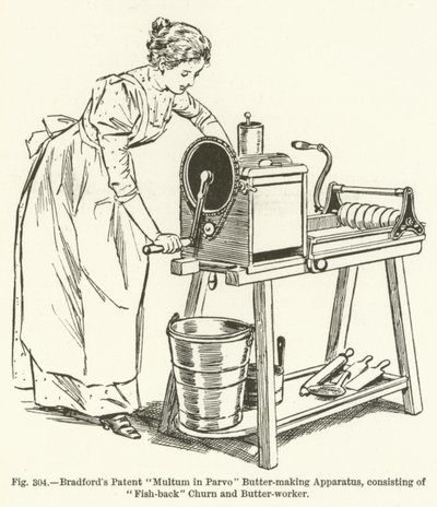 Bradfords Patent Multum no Parvo Butter-making Apparatus, consistindo em Fish-back Churn e Butter-worker de English School