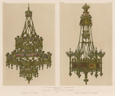 Lustres de latão por F Barbedienne, Paris, Srs. Hulett e Co, Londres de English School