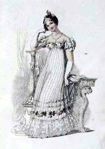 Vestido de noiva, placa de moda do Repositório de Artes de Ackermann (gravura colorida) de English School