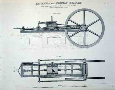 Britannia e Conway Bridges: Motor a Vapor Trabalhando as Prensas Hidráulicas para a Elevação dos Tubos, por Easton e Amos de Londres (litho) de English School