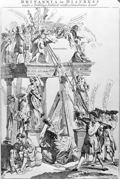 Britannia in Distress Sob um Fabrick Tottring com uma carga de cumberous, por volta de 1756 de English School