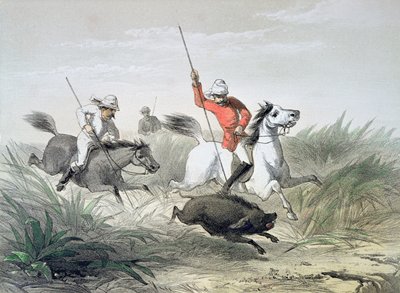 Oficiais do Exército Britânico caçando porcos selvagens na Índia de English School