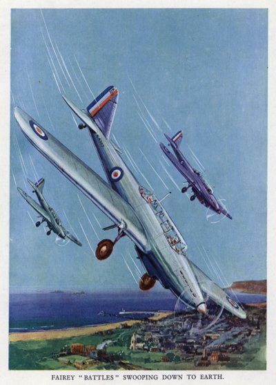 Bombardeiros leves Fairey Battle britânicos a mergulhar em direcção ao solo (cor litho) de English School