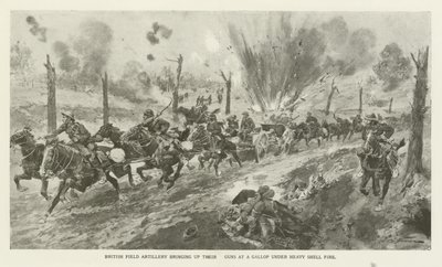 Artilharia de campanha britânica levantando suas armas em um galope sob fogo pesado Shell, Primeira Guerra Mundial de English School
