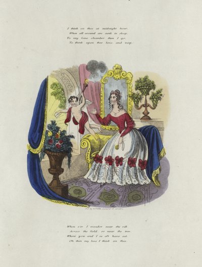 Cartão de dia dos namorados britânico com uma imagem de um querubim entregando cartão de dia dos namorados de uma mulher de English School
