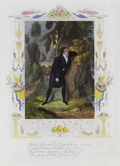 Cartão britânico dos Namorados com uma imagem de um homem aflito de pé junto ao tronco de uma árvore de English School