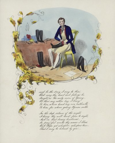 Cartão de dia dos namorados britânico com uma imagem de um homem reparando botas de English School