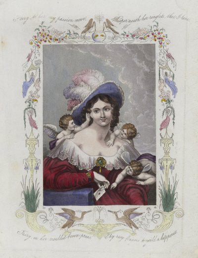 Cartão de dia dos namorados britânico com uma imagem de uma mulher rodeada de querubins de English School