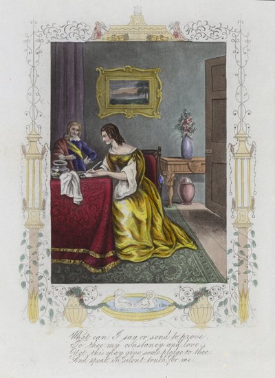 Cartão de dia dos namorados britânico com uma imagem de uma mulher escrevendo uma carta em uma mesa de English School